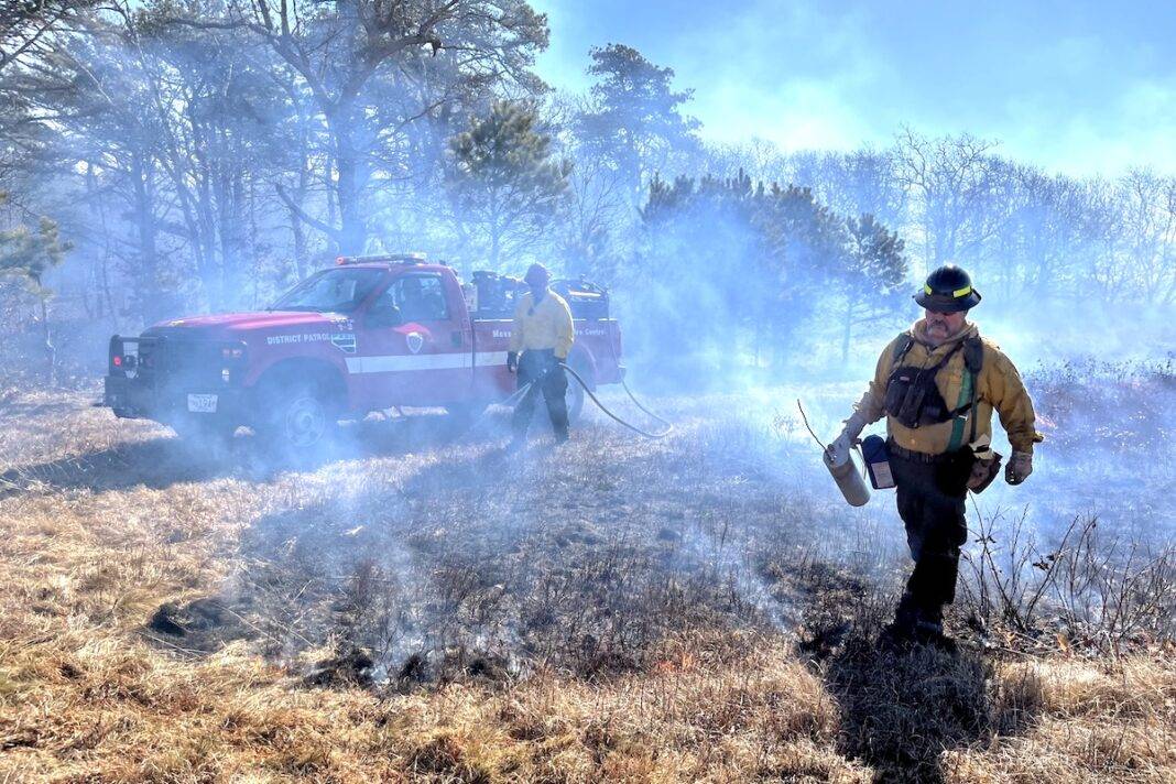 Photo of a controlled burn on Martha's Vineyard. Controlled Burns will help improve critical habitat on the Vineyard. Martha’s Vineyard, The Nature Conservancy, The Trustees of Reservations, controlled burns, habitat management, sandplain grasslands